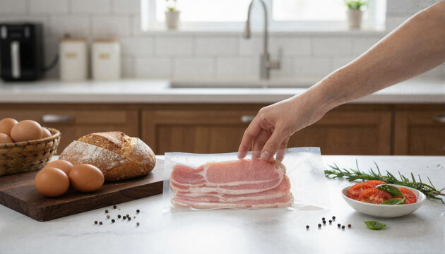 Person reaching for fresh back bacon in bright kitchen