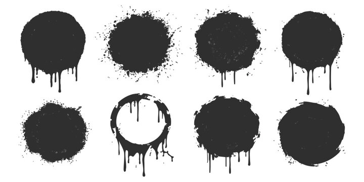 Set of black ink splash circles with dripping paint vector illustration