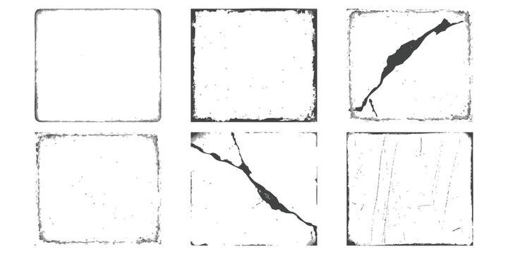 Set of distressed square frames with grunge textures and cracked border vector illustration