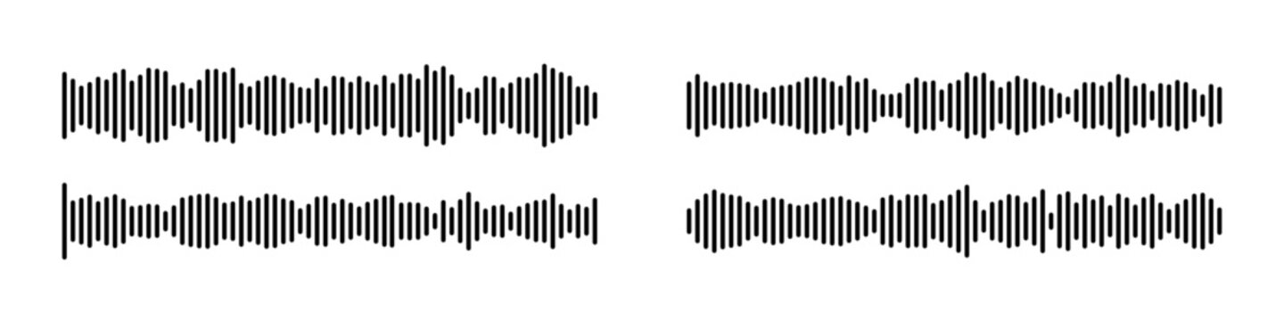 Podcast audio soundwave set - music frequency waveform icons with radio microphone elements. Digital voice signal patterns, equalizer lines and recording note symbols. Vector sound wave graphics