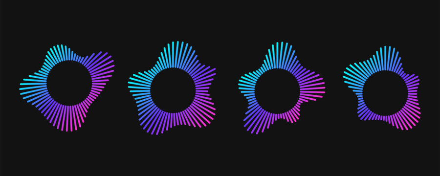Circular soundwave icons with neon gradient radial bursts in cyan, blue and pink on dark. Abstract sound frequency patterns of dynamic equalizer lines and round audio wave effects for music design.