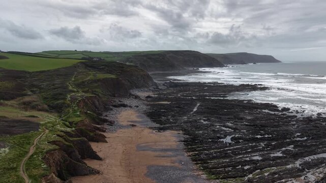 Aerial dramativ view of Widemouth Bay in Cornwall