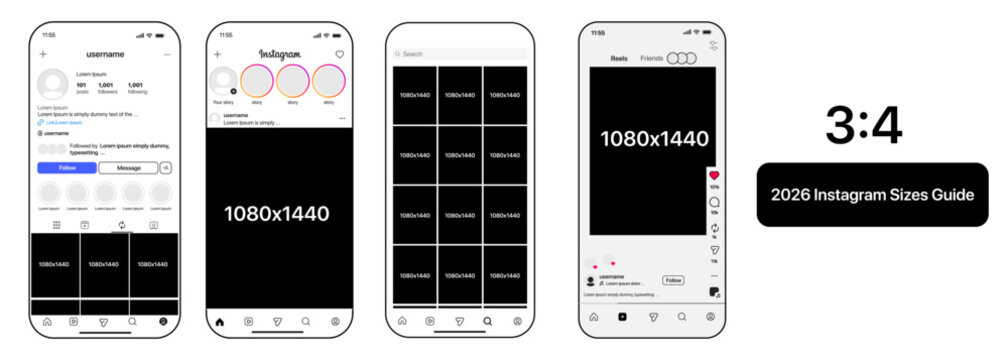 Instagram 2026 UI Kit &ndash; 3:4 Aspect Ratio Social Media Templates, Mobile Feed Layout, Profile Grid Design, Stories & Posts Mockup Pack (1080x1440), New Instagram Size Guide. New Instagram grid