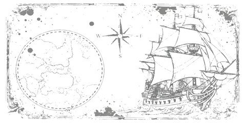 Fototapeta premium Vintage nautical map background with antique sailing ship and compass rose illustration