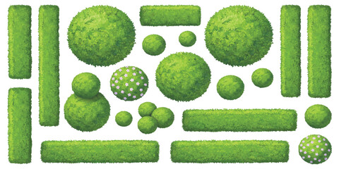 Top down view green grass hedge and tree set vector illustration © GraphixEra
