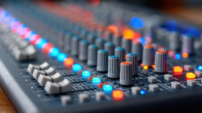 Close-up of a professional audio mixing console with illuminated faders and knobs