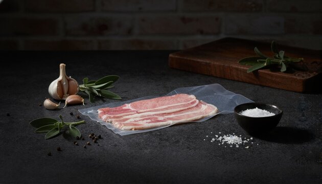 Premium back bacon on dark slate with aromatic herbs