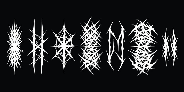 Black metal style thorny gothic typography symbols set vector illustration collection