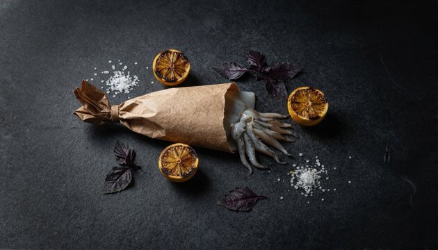 Premium cuttlefish in artisanal wrapping on dark slate