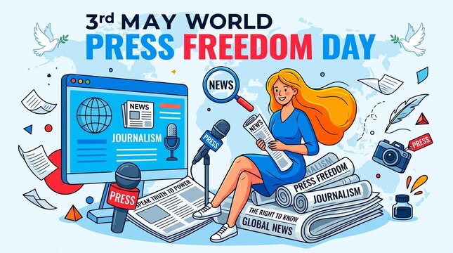 World Press Freedom Day illustration with journalist and media symbols