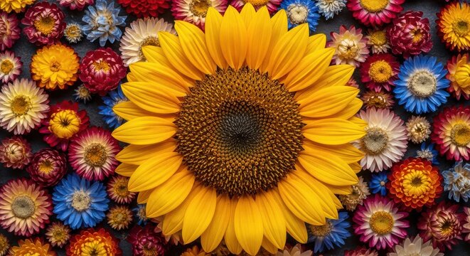 Large sunflower surrounded by colorful dried strawflower blossoms top view