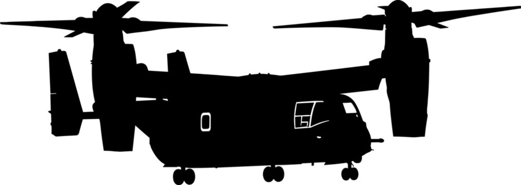 Tiltrotor military aircraft silhouette in vertical takeoff mode