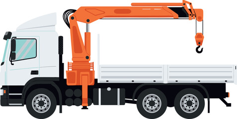 Commercial white flatbed equipment truck with orange hydraulic loader crane vector illustration for heavy construction transportation © Vector Design Hub