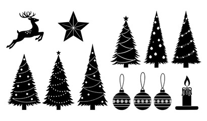 Obraz premium Christmas icon set vector black silhouette reindeer tree ornaments candle