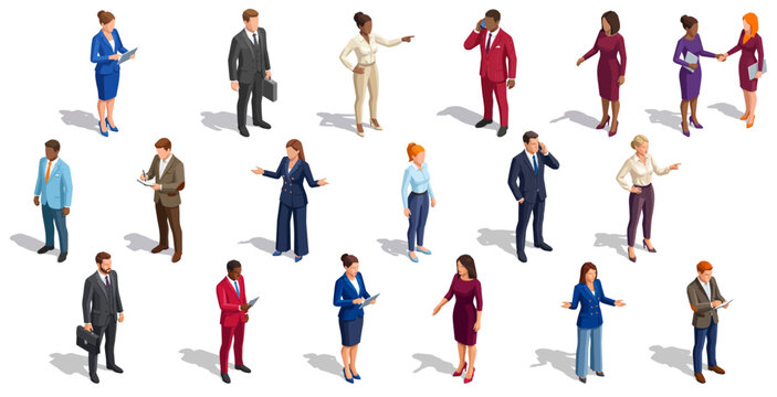 Isometric business people characters in professional office attire | Diverse corporate team members working and communicating in vector style