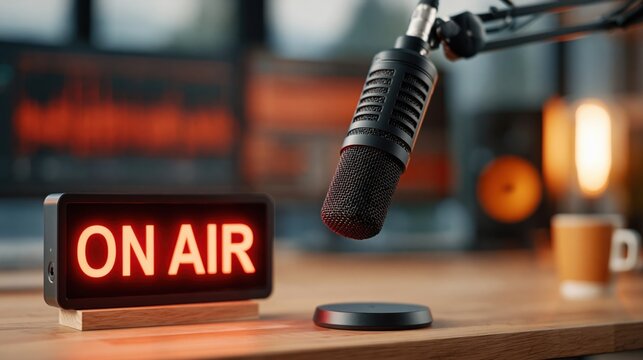 Professional microphone and glowing red 'On Air' sign on a wooden desk