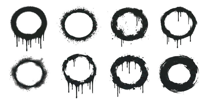 Set of black graffiti spray paint circles with drips vector illustration