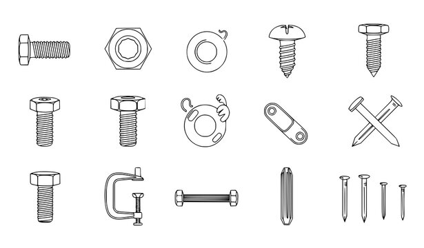 Metal fasteners vector icon set screws bolts nuts construction tools