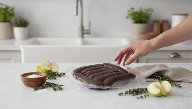 Preparing gourmet blood sausages in a bright kitchen