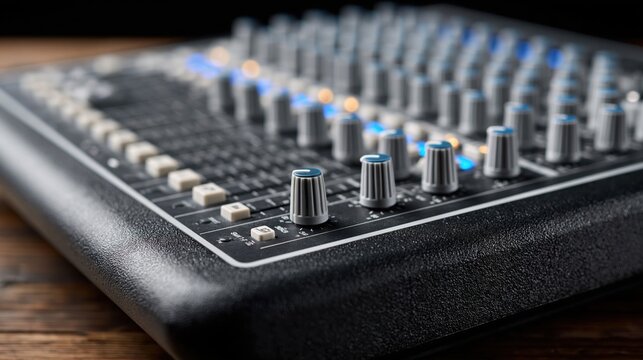 Professional audio mixing console with illuminated faders and knobs on a wooden surface