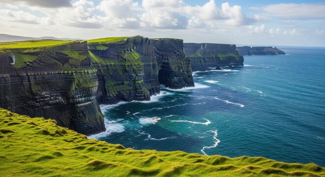 Breathtaking panoramic view of the Cliffs of Moher in Ireland featuring deep green grass and dramatic dark rock formations over the blue ocean