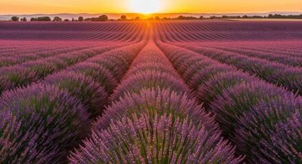 Obraz premium Vibrant purple lavender field in Provence France at sunset with endless rows of blooming flowers stretching towards the golden horizon line