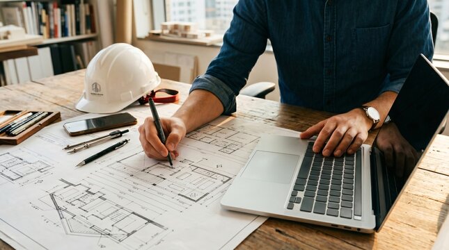 engineer working on architectural plans with laptop