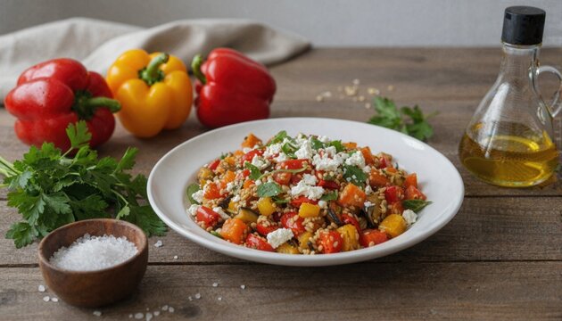 Roasted Mediterranean vegetable grain salad on rustic wooden table