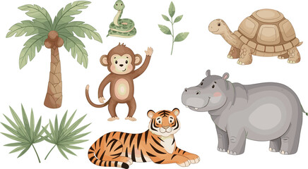 Cute cartoon safari animal vector set featuring monkey tiger hippo turtle snake and palm tree for kids educational design. © Vector Design Hub