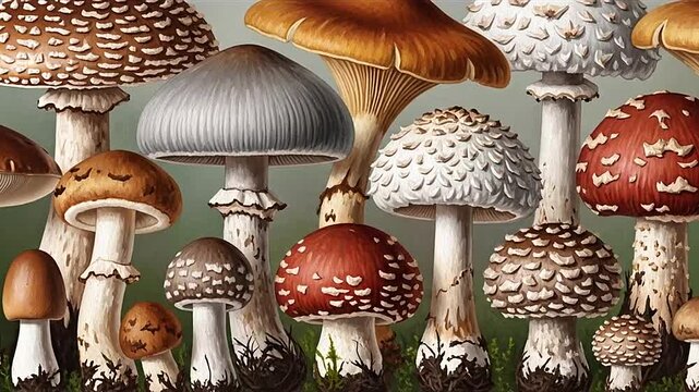 A diverse group of colorful mushrooms.