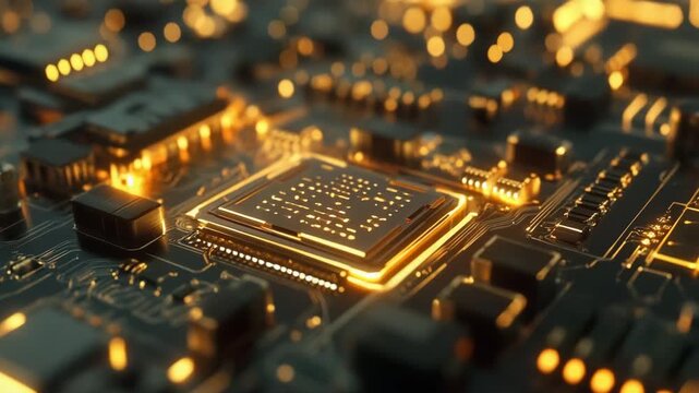 Close-up view of a glowing gold microchip on a circuit board with various components