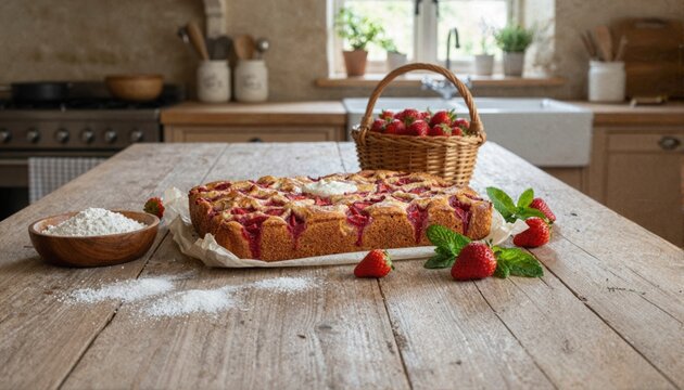 Rustic strawberry sheet cake with fresh ingredients on wood