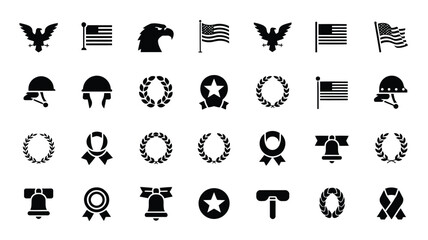 Collection of 30 black and white vector patriotic symbols including eagles flags laurel wreaths helmets and emblems in clean minimalist style © Somiran