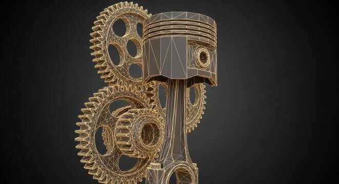 Close-up of a golden, wireframe polygonal piston and gears, symbolizing engineering and mechanical power