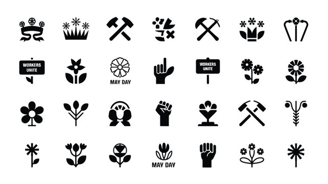 Black and white flat vector icons showcasing gardening tools plants and protest symbols for may day