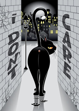 'I DON'T CARE' Text Quote, Disdainful Black Cat Meme Funny Character Walking away, Vector Character illustration EPS Poster Size for printing