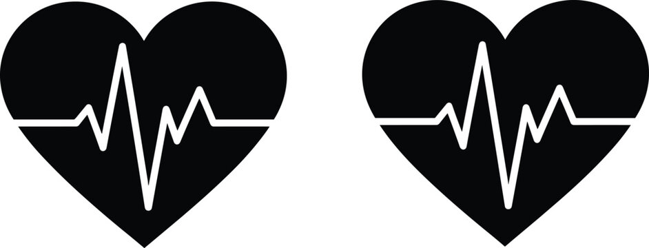 Black heart shape with white electrocardiogram line, heart rhythm pulse.