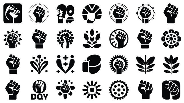 Bold raised fists hearts leaves and symbols in black silhouette style for activism and awareness designs