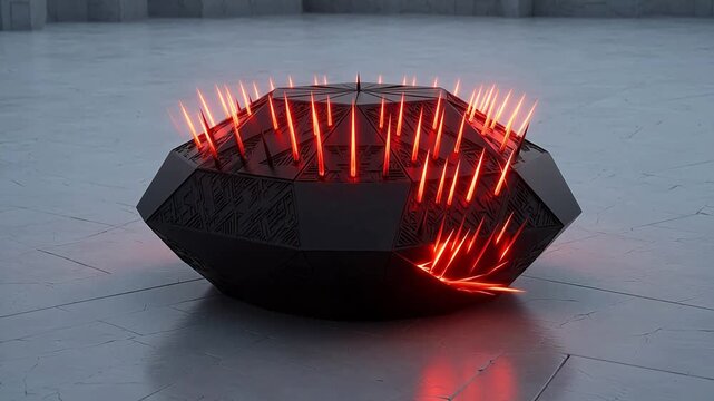 Spiky black object with glowing red lights emphasizing speed, motion, and dynamic energy