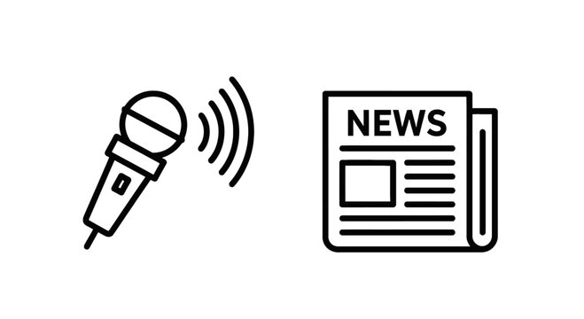 Set of line icons depicting microphone for audio broadcasting and daily newspaper for press release, journalism and media communication symbols, microphone