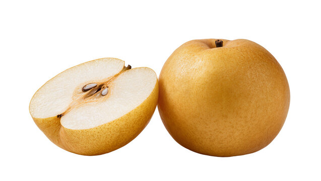 Golden Nashi pear whole and halved showing seeds, isolated on transparent background