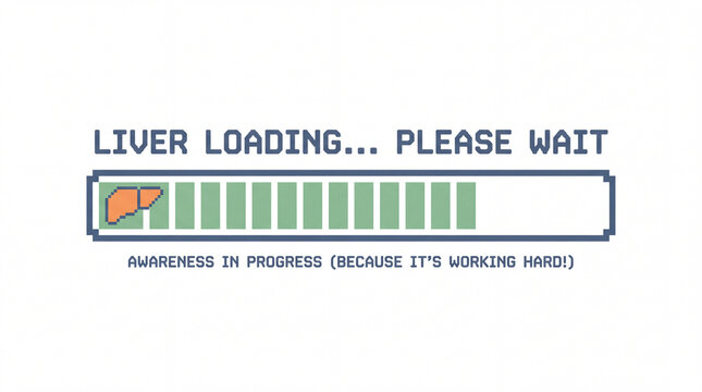 A simple yet effective pixel art graphic displays "Liver Loading... Please Wait" alongside a progress bar and a small liver icon.