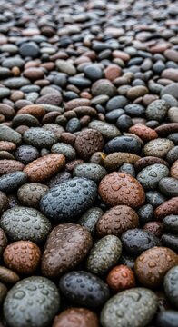 Wet river rocks and pebbles on shore with water drops from recent rain.