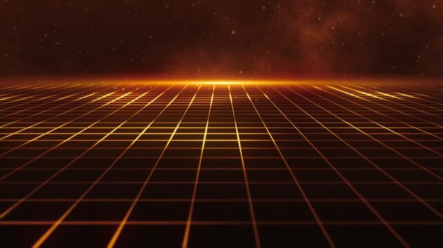 Retro futuristic cyberpunk grid motion background with glowing golden light beams, energy particles and atmospheric clouds. This trendy synthwave animation is full HD and a seamless loop.