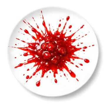 Red raspberry jam splash with whole fruit on a white ceramic plate