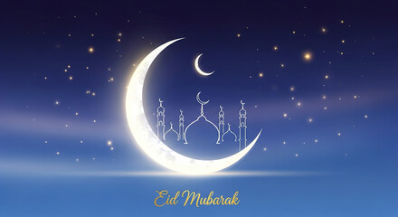 Naklejka premium Eid Mubarak greeting card: glowing crescent moon, mosque silhouette, starry night sky, gold script text