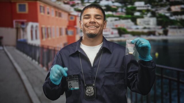 Man detective holding evidence bag and blue gloved hands making ok gesture on a street; confidence duty.