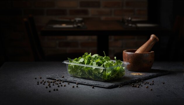Vibrant cilantro in a punnet on a dark moody surface