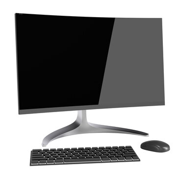 Black widescreen computer monitor, wireless sleek keyboard and mouse isolated on white. 3d illustration