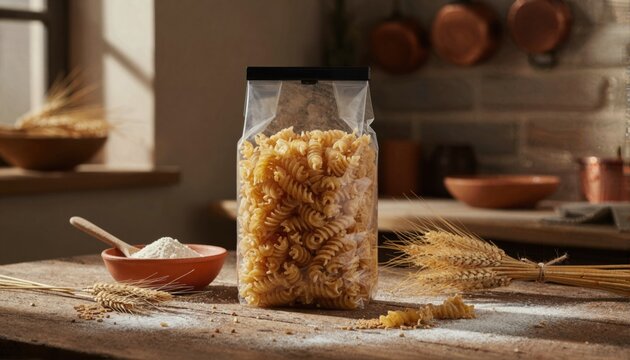Whole grain spelt fusilli with raw kernels and wheat on rustic wood